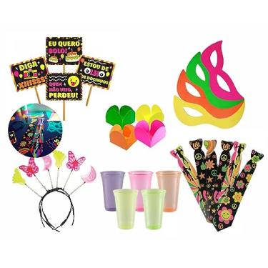 Imagem de Kit 240 Itens Festa Neon Adereços + Copo + Forminhas Balada