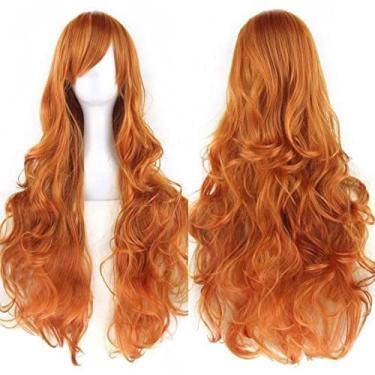 Imagem de IMISSU Peruca cosplay de cabelo natural cacheado longo com franjas coloridas fantasia de Halloween perucas de festa (Laranja)