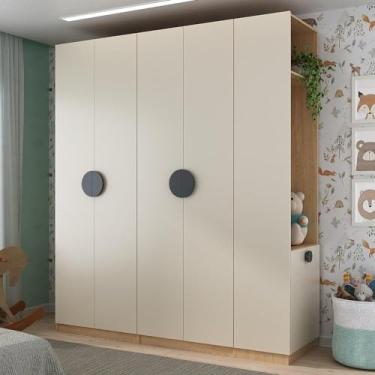 Imagem de Conjunto Modulado Infantil 3 Peças 6 Portas, Cabideiros, Nichos, 2 Gavetas e Sapateira Joy Kids Cabe Cinza/avena