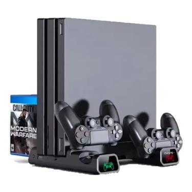 Imagem de Base Suporte Vertical Com Carregador Duplo e Cooler 3 Em 1 Compatível com Ps4 Playstation 4 Slim Pro Indicador Led
