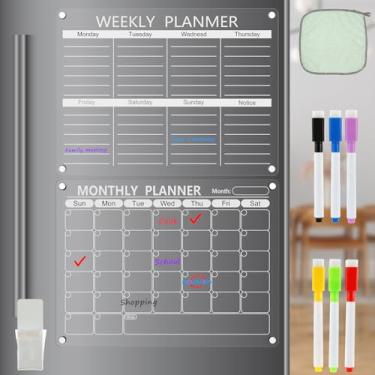 Imagem de QENWKXZ Conjunto de calendário magnético de acrílico transparente, quadro em branco, apagável a seco, com 6 canetas marcadoras, suporte para canetas, toalha reutilizável, planejador mensal/semanal