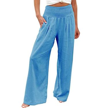 Imagem de ZHONKUI Calça feminina de linho larga de verão longa perna larga cintura elástica calça de lazer calça plissada, Azul, G