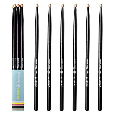 Imagem de 6 bastões/3 pares de baquetas 5A cor preta, baquetas clássicas de 5A, baquetas de nogueira com pontas de bolota, para bateria acústica ou eletrônica, baqueta Bluefire, peso correspondente. Cor preta.