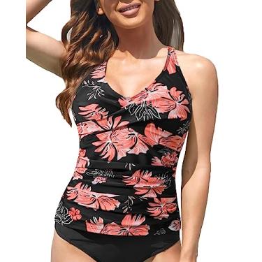 Imagem de Fanuerg Tanquíni apenas com frente torcida para mulheres, regata com controle de barriga, gola V, sem parte inferior, Rosa floral, XXG