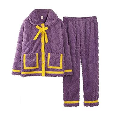Imagem de LUBOSE Pijama feminino macio de manga comprida outono inverno pijama feminino pijama de lã coral quente pijama de flanela engrossada roupa de casa conjunto de 2 peças - 2GG, roxo, Roxo, GG
