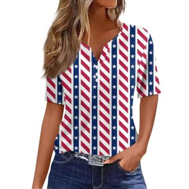 Imagem de Camiseta feminina bandeira americana 4th of July Stars Stripes Graphic Tops Independence Day Blusas gola V Túnica Presente, Cinza, G
