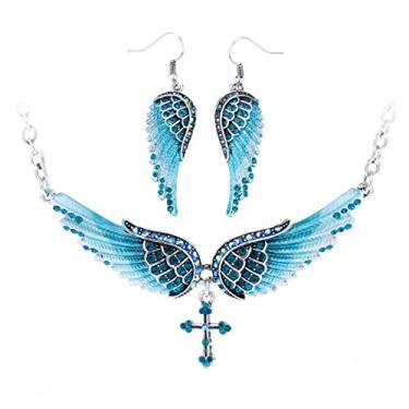 Imagem de Szxc Jewelry Colar feminino com pingente de cruz com asas de anjo da guarda 45,7 cm + 5 cm, Cristal Metal, Cristal