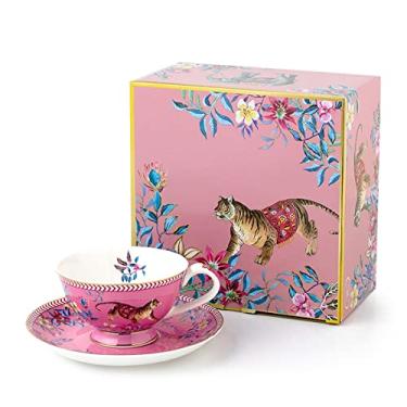Imagem de Conjunto de chá de cerâmica Eplze Tiger in The Jungle Pattern Bone China para chá da tarde ou decoração de casa - rosa (conjunto de xícaras e pires)
