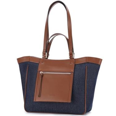 Imagem de VASCHY Bolsa feminina de lona moderna, de couro vegano, patchwork, bolsa de ombro para trabalho, Azul escuro, One Size