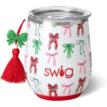 Imagem de Swig Life Copo de vinho de 340 g com tampa, aço inoxidável, lavável na lava-louças, portátil, copo de vinho com isolamento triplo (fitas e laços)