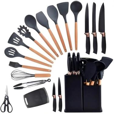 Imagem de Utensilios Para Cozinha Silicone Kit 19 Peças Cabo Madeira Conjunto Completo Espátula Concha Colher Jogo Suporte Faca Antiaderente Tabua Tesoura Faqueiro PREMIUM (Preto)