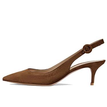 Imagem de Divanne Slingback escarpins, sandálias femininas de salto baixo bico fino com tira traseira e salto gatinho, sapatos de casamento para festas noturnas, Camurça marrom escuro, 9.5