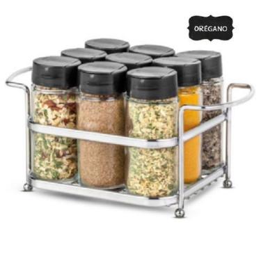 Imagem de Porta Tempero Condimento 9 Potes Vidro Tampa Dosadora Suporte Cromado 