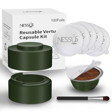 Imagem de Nessus Kit de cápsulas Vertuo reutilizável, [ALSeal EZ FIT] para cápsulas recarregáveis com 100 peças de tampas de vedação de folha de alumínio, suporte, escova, para recarga Vertuo Pods Vertuoline