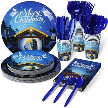 Imagem de Artigos para festa de Natal, conjunto de pratos e guardanapos de Natal, pratos de papel descartáveis Jesus Santa Noite, guardanapos copos, facas, colheres, garfos para decorações de festa de Natal e inverno, serve 50