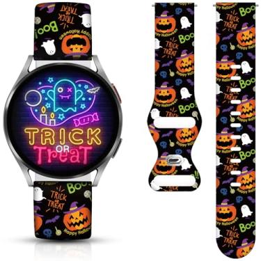 Imagem de Pulseiras de relógio de Natal e Dia das Bruxas compatíveis com Samsung Galaxy Watch 40 mm, 41 mm, 42 mm, 44 mm, 45 mm e 46 mm, pulseira de silicone de substituição de 20 mm para Galaxy Watch 5 / Watch 5 Pro / Watch 4 / Watch 4 Classic / Watch 3 (Fantasma e abóbora)