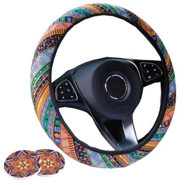 Imagem de Silence Shopping Pacote com 3 capas de volante boho com porta-copos de carro universais baja hippie estilo boêmio capas de volante bonitas para mulheres meninas 38 cm (laranja)