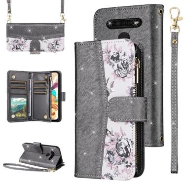 Imagem de Furiet Capa carteira floral para LG K61/Q61/K51S/K41S com fecho de correr e alça de ombro, suporte de cartão de couro PU com glitter de luxo para celular K 61 51S 41S feminino preto