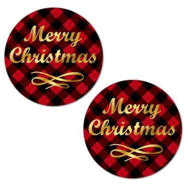 Imagem de 40 adesivos xadrez de Feliz Natal, etiquetas redondas brilhantes de 5 cm, ótimas para presentes, sacolas de presente, cartões, envelopes, caixas, etiquetas e suprimentos. Feito nos EUA