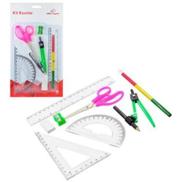 Imagem de Kit Escolar com Compasso Borracha Tesoura Lápis Régua Esquadro Transfe