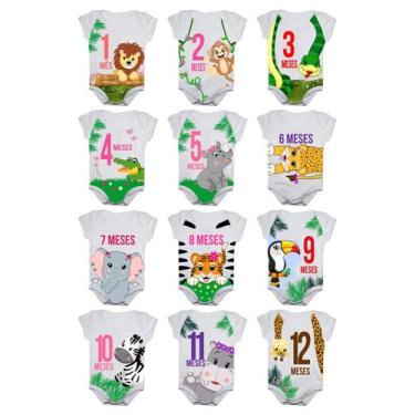 Imagem de KIt Body de Bebê Mesversario Manga Curta Safari Selva Menina - Calupa,