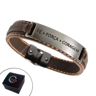 Imagem de Pulseira de Couro Magnética Fé Força Coragem Marrom Grafite - GRANADO 