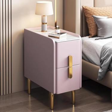 Imagem de Mesa de cabeceira fina para espaços pequenos, mesa lateral estreita, moderna e minimalista com pernas de metal com acabamento em couro PU, armário de armazenamento de gaveta dupla para quartos, sala