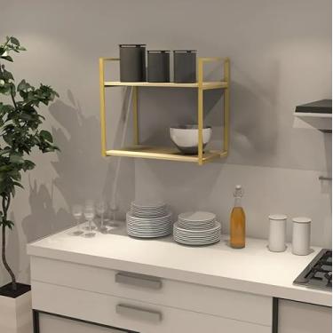 Imagem de Prateleira Industrial Parede ou Suspensa Dourada Aço e Madeira 50x40x60cm (Pinus Natural)