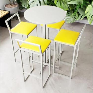 Imagem de Conjunto Mesa Alta Bar Bistrô Redonda Branca 4 Banquetas Confort Estofado Industrial White (Amarelo)