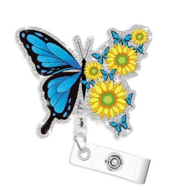 Imagem de VOCHIC Carretel de crachá de borboleta e girassol, carretel de crachá fofo, carretéis retráteis para enfermeiros, porta-crachás retráteis com clipes, corda retrátil de nylon durável para consultório