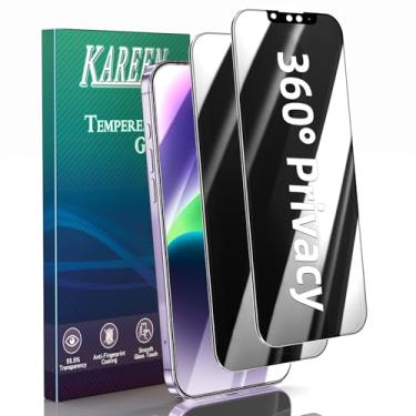 Imagem de KAREEN Pacote com 2 protetores de tela de privacidade de 360 graus de 4 vias para iPhone 14 Plus, iPhone 13 Pro Max de 6,7 polegadas, película de vidro temperado antiespião, cobertura total,