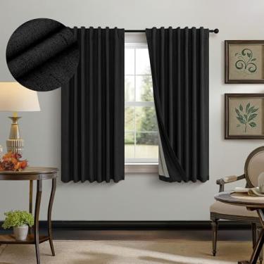 Imagem de Cortinas Black Out de 113 cm de comprimento, 2 painéis, burg para quarto, bolso pequeno para janelas, moderno, casa de fazenda, linho, escurecimento, isolamento térmico, cortina blackout meio curta