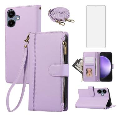 Imagem de Capa de celular para Samsung Galaxy A06 com zíper carteira de celular com protetor de tela de vidro temperado alça transversal alça transversal flip suporte para cartão de crédito GalaxyA06 A06 capa