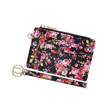 Imagem de Capa feminina fina com bloqueio de RFID para cartão de crédito, carteira com zíper para identidade, carteira pequena e compacta de couro, porta-moedas com chaveiro, Flor Z-Color, Carteira pequena