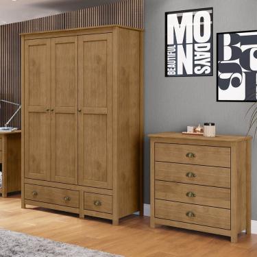 Imagem de Conjunto Quarto: Guarda-Roupa  3 Portas, Cômoda 4 Gavetas Freijó Topázio Madeira Pinus...
