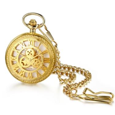 Imagem de OIDEA Relógio de bolso mecânico automático: engrenagem dourada decoração esqueleto numerais romanos relógio de bolso com mostrador redondo com corrente pendurada, suéter, relógio, colar, presentes