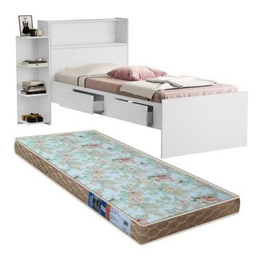 Imagem de Cama Isa Solteiro Branco com Baú na Cabeceira + Colchão - Sonho Da Mam
