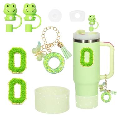 Imagem de Liangang Conjunto de acessórios de copo de 8 peças para Stanley 850 g 1,134 g, incluindo bota, tampa à prova de derramamento, 2 peças de capa de canudo Stanley e 2 peças de letras adesivas (verde O)