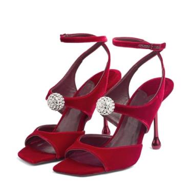 Imagem de Kapxumo Sandálias femininas de veludo de salto alto com strass cristal quadrado bico aberto tira no tornozelo fivela salto agulha sapatos vestidos de festa de casamento, Vermelho, 38