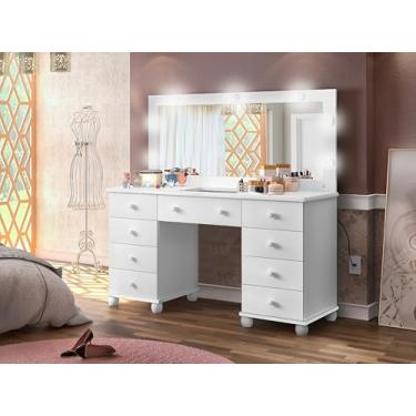 Imagem de Penteadeira Camarim 9 gavetas Bancada para Maquiagem Espaçosa com Leds e Espelho em Mdf (Branco)