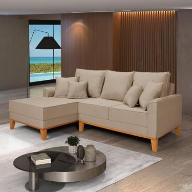 Imagem de Sofá Living Beny Chaise 3 Lugares Linho Pés e Base de Madeira (Bege)