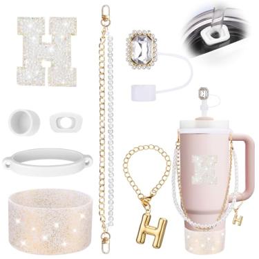 Imagem de Mity rain 8 peças de acessórios para copo branco Stanley Cup 850.5 g 1,134.0 g copo com alça - Inclui adesivo impermeável, alça de alça, topo de palha e bota, tampa à prova de derramamento, pingentes