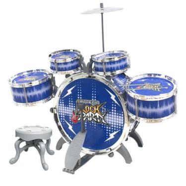 Imagem de Mini Bateria Musical Infantil 5 Tambores Com Banquinho Azul - DM Toys