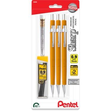 Imagem de Pentel Lapiseira afiada de 0,9 mm com refis de chumbo e borracha, barril amarelo - pacote com 3