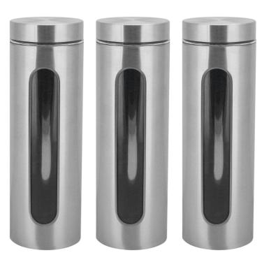 Imagem de Kit 3 Potes Para Mantimentos Inox E Vidro Com Visor 1750Ml