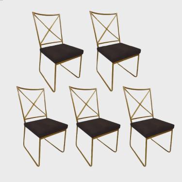 Imagem de Kit 05 Cadeiras Sala de Jantar Escritório Office Clark Industrial Ferro Dourado Suede Marrom - Ahz Móveis