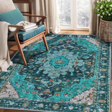 Imagem de Ciicool Tapete de área lavável, 9,5 x 1,5 m, azul-petróleo, boho, antiderrapante, entrada oriental, tapete de piso baixo, para sala de estar, lavanderia, hall de entrada, decoração (azul-petróleo