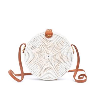 Imagem de Novum Crafts Bolsa feminina redonda de vime - Bolsas de palha feitas à mão - Bolsa de vime - Bolsas boho transversais com círculo branco marrom, Branco, Diameter: 7 3/4” (20 cm)