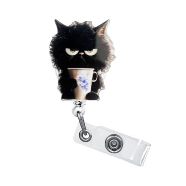 Imagem de 1 molinete de crachá fofo para enfermeiras retráteis, porta-crachás de nome de gato preto com clipe jacaré, porta-cartão de identificação para funcionário de escritório, médico e professor