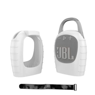 Imagem de Hzycwgone Capa de silicone para JBL Clip 5 Mini alto-falante Bluetooth portátil, para JBL Clip 5, capa de transporte de viagem, bolsa de proteção, acessórios com fita adesiva (branca)
